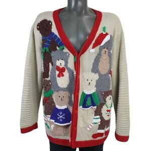 Vintage Storybook Knits 1X Christmas Teddy Bear Cardigan 3D Ugly Sweater